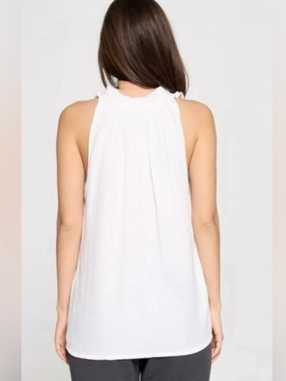 Joie white gauze cotton ruffle collar tie neck lagenlook coastal tunic tank top - Picture 2 of 9